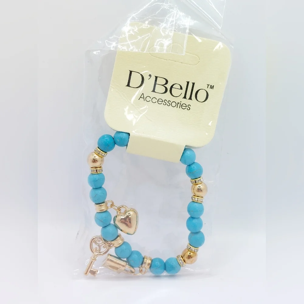 D'Bello Beaded Blue Lock,‎ Key, and Heart Stretchy Bracelet